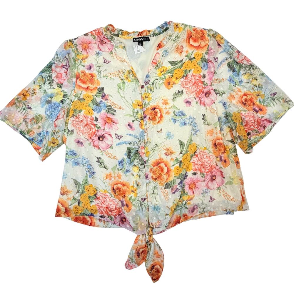 Sara Michelle Floral Tie Front Blouse XL Cottagecore Sheer Short Sleeve Top